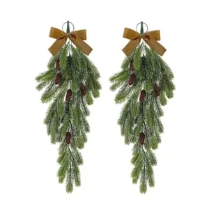 2 guirnaldas navideñas en forma de lágrima, con agujas de pino rústicas, con lazo de terciopelo, guirnalda colgante de vegetación artificial