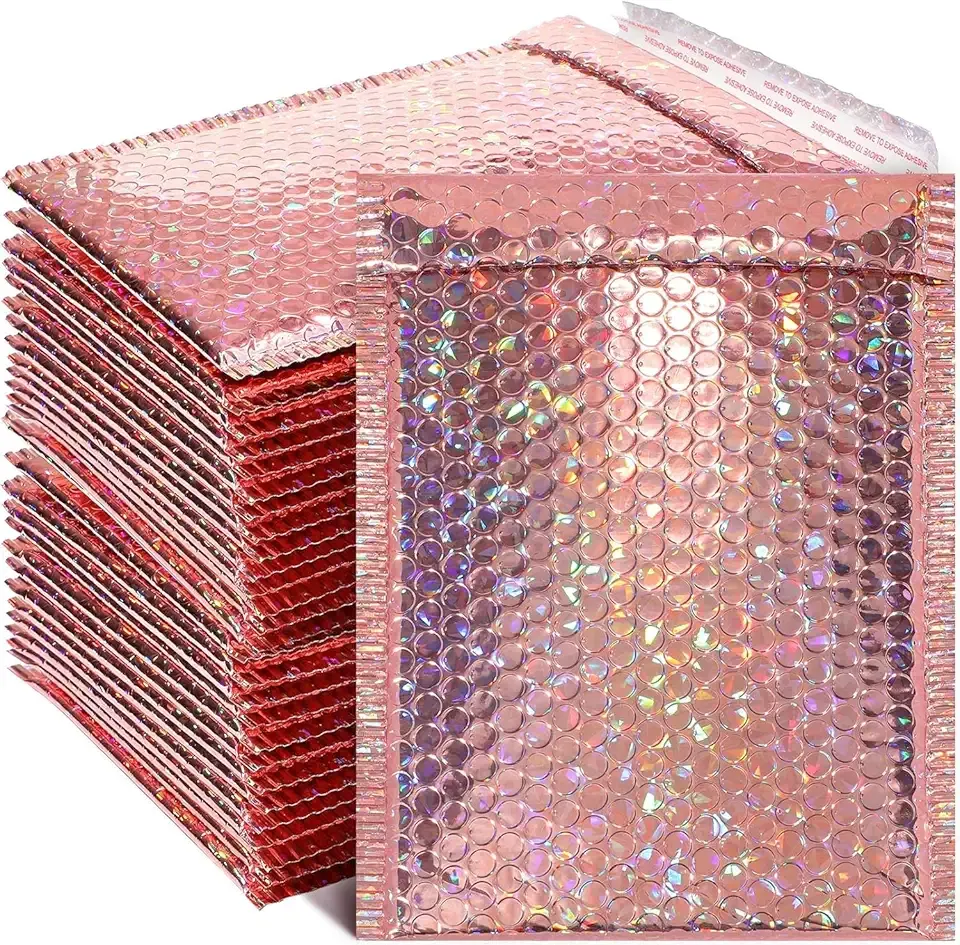 30 Pieces Holographic Bubble Mailers Padded Mailer Holographic Bubble Mailers Padded Envelopes Self Sealing Cushion Envelopes for Mailing, Shipping and Packing(Rose Gold, 11 x 7 Inch)