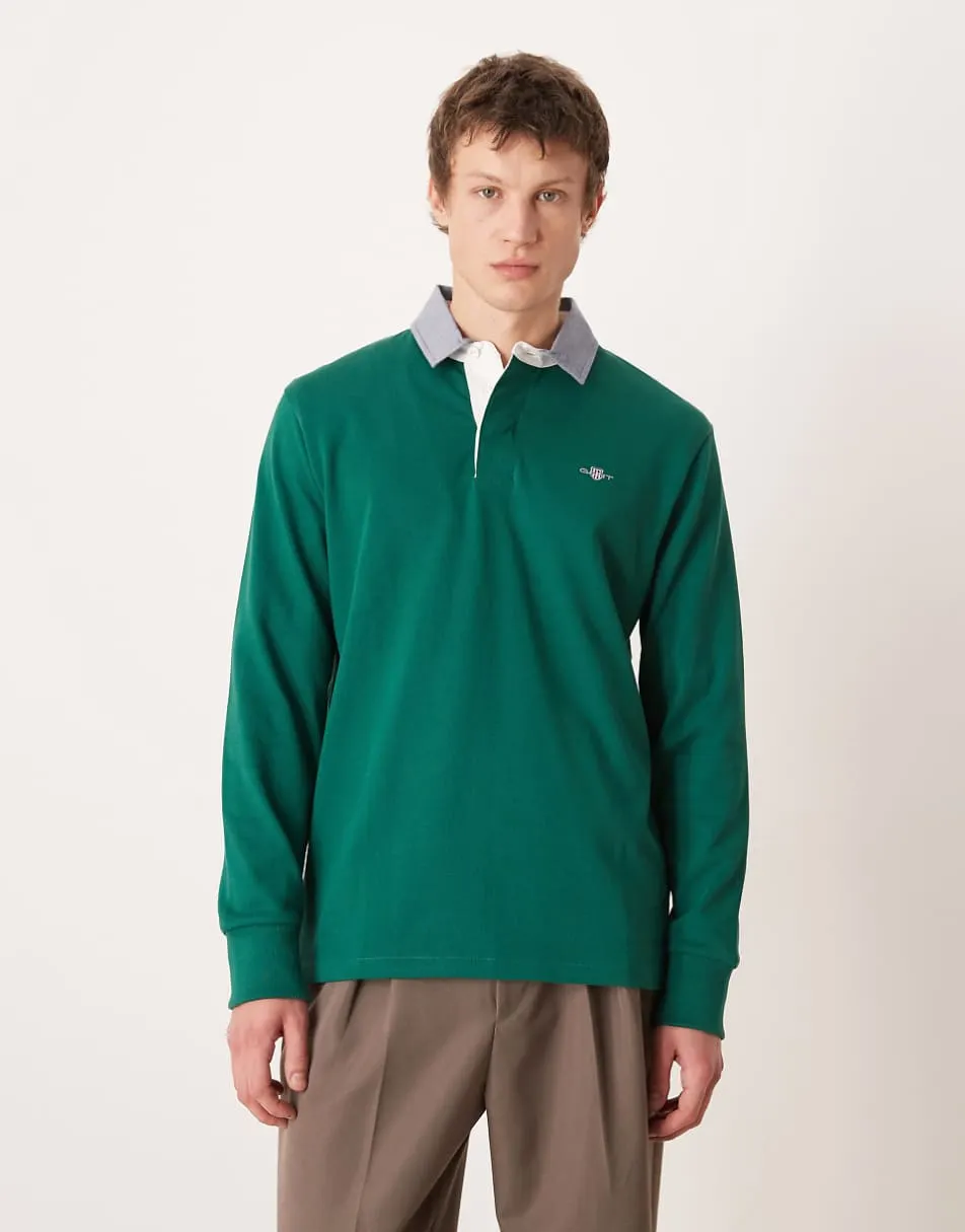 GANT heavy logo rugby top with contrast collar in forest green