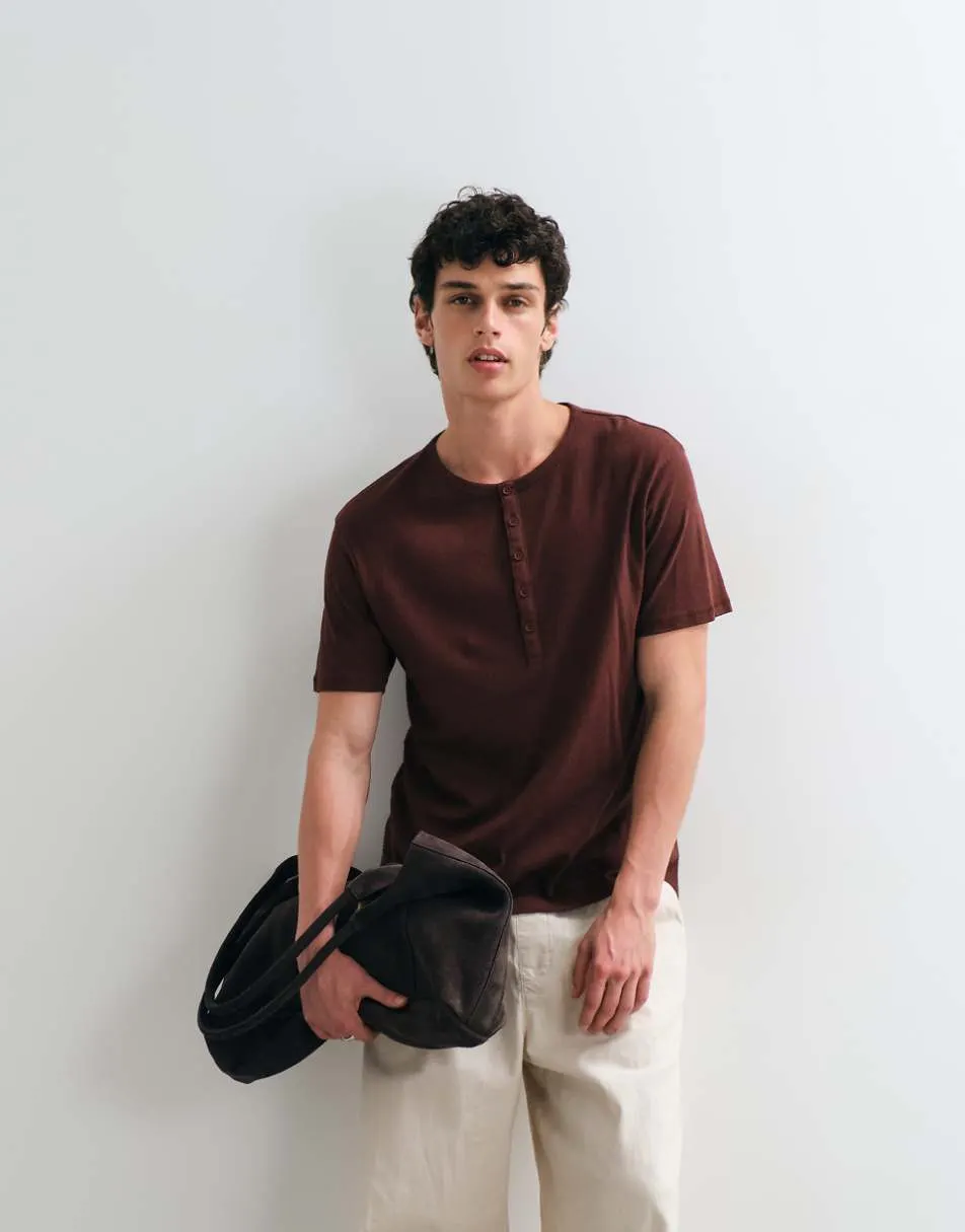 ASOS DESIGN regular fit t-shirt with henley neck in brown with linen