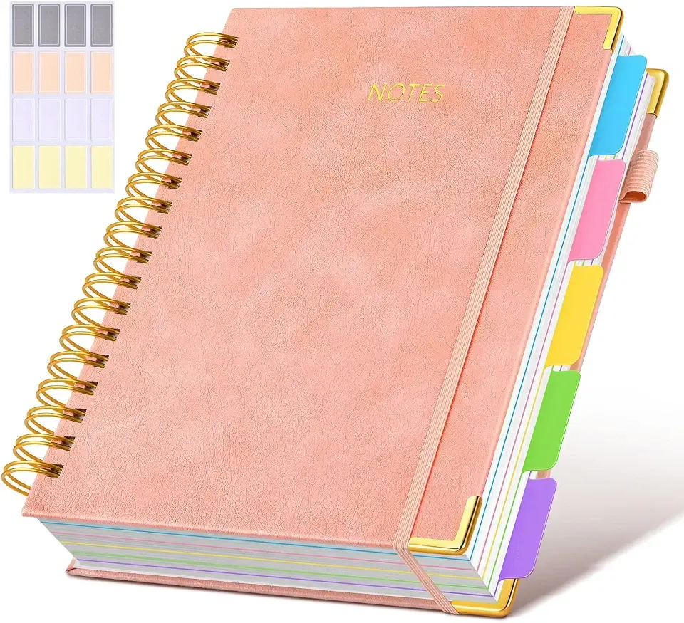 Hardcover Spiral Notebook journal with Removable Dividers Tabs, 300 Pages Leather 5 Subject Notebook College Ruled, 8"x10" Large B5 Notebooks for Work School Note taking, Lined Journal for Women,Pink