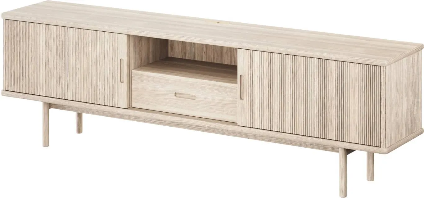 Birk TV-bord 180x55x35 cm med 1 skuff og 2 rillede skyvedører, eik / hvit olje