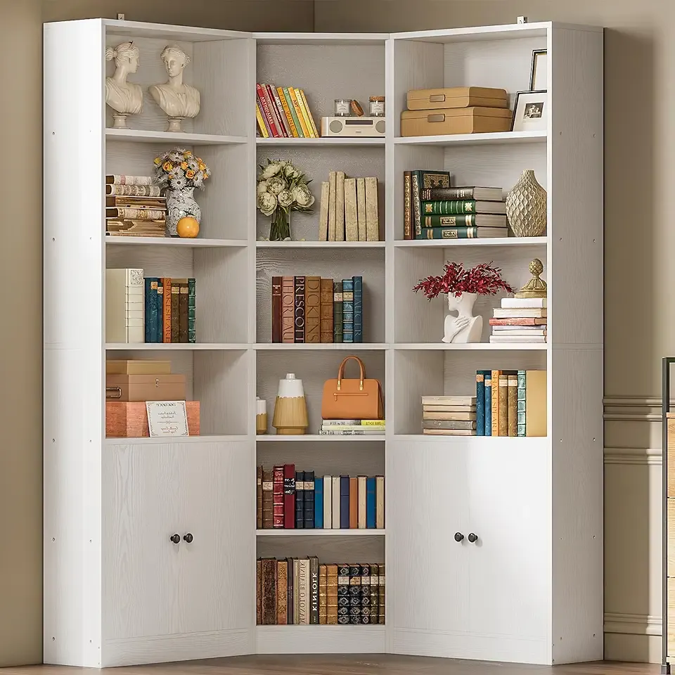 IRONCK Corner Bookshelf and Bookcase with 2 Storage Cabinets and 7 Tier Shelves, 71" Height Storage Shelves Corner Combination, White