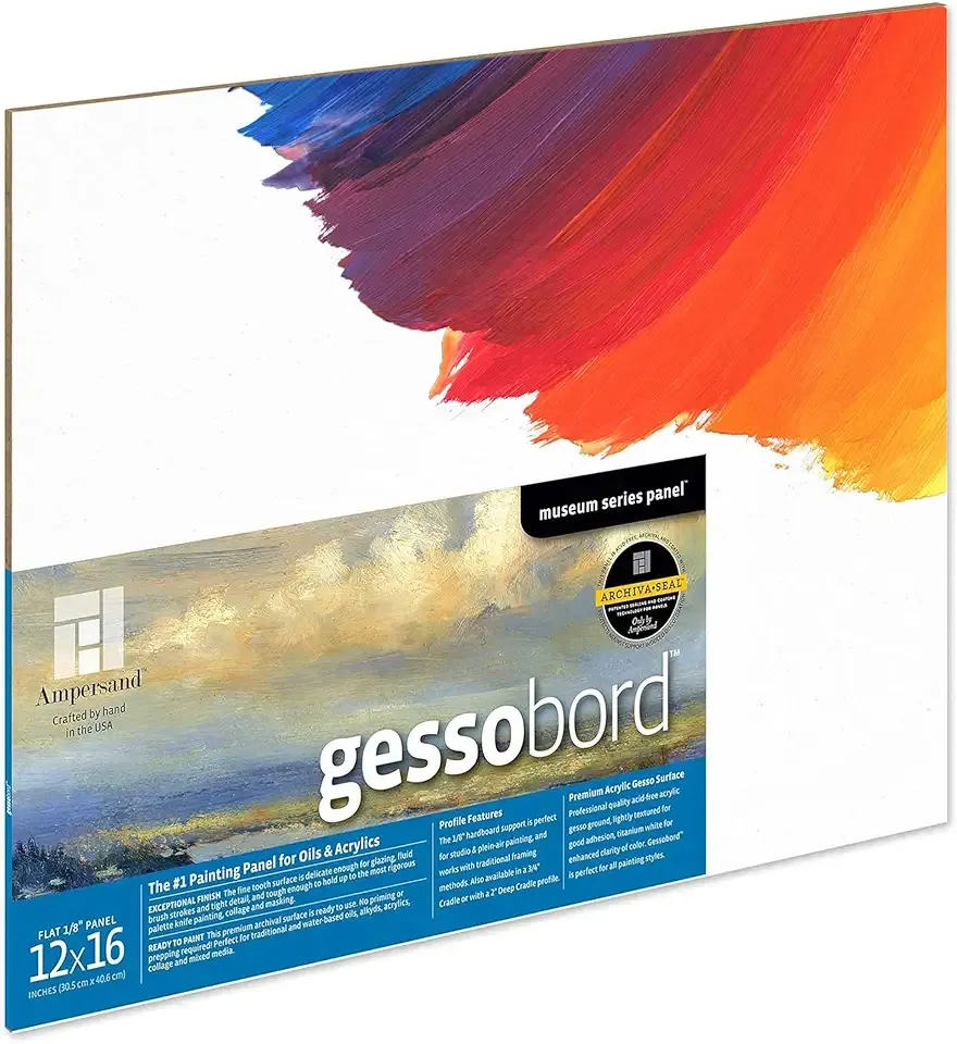 Ampersand Art Supply Museum Series Gessobord | 12x16 | 1/8" Flat Profile | Gesso Wood Painting Panel for Oil and Acrylic Paint & Mixed Media | Canvas Panel Alternative in Professional Art Supplies