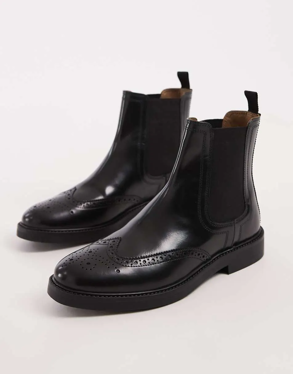 ASOS DESIGN chelsea boots in black leather with brogue detailing