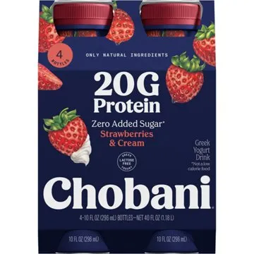 Chobani 20G Protein Zero Sugar Added Strawberries & Cream Yogurt Drink 10 oz Bottles, 4 ct