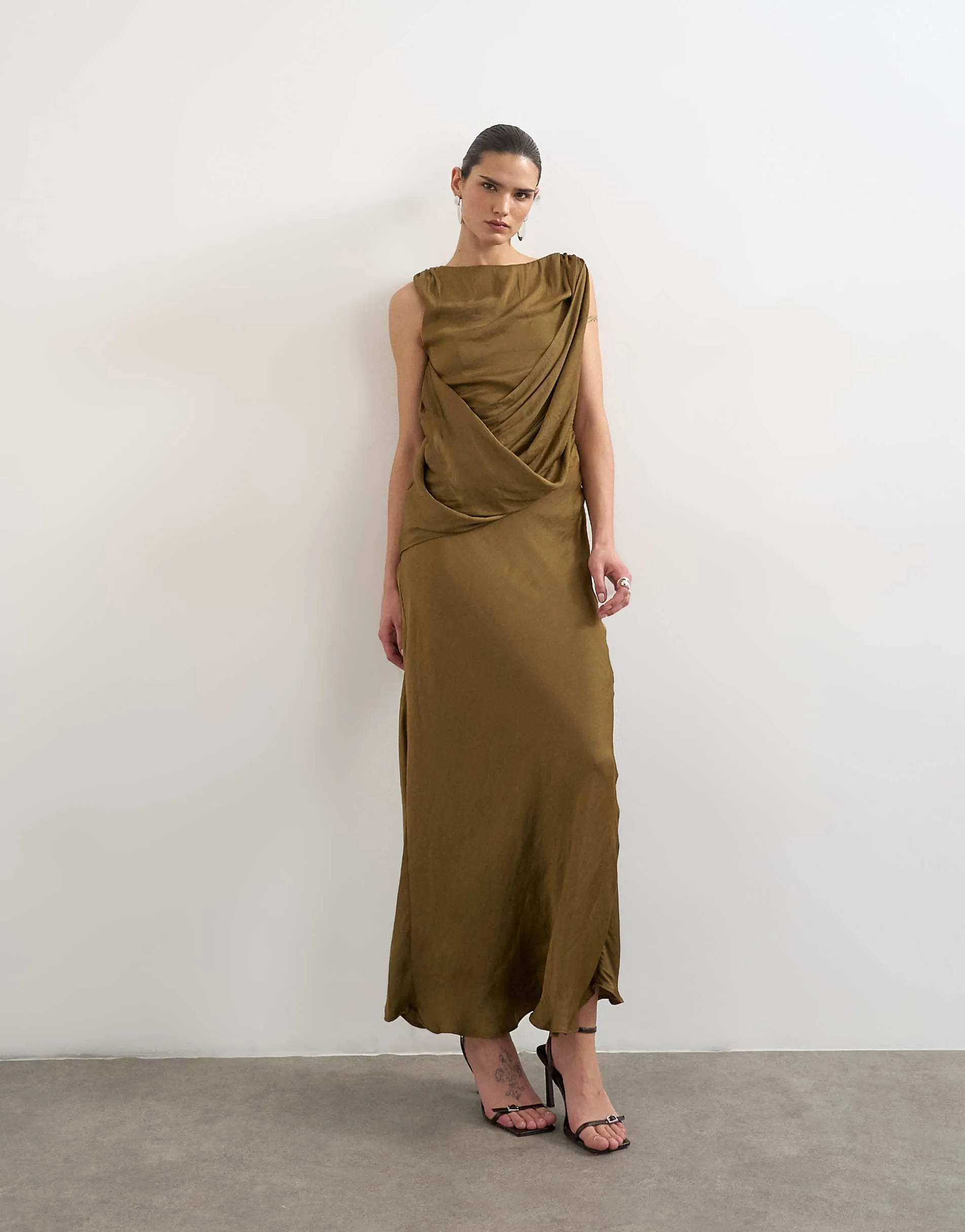 Topshop satin slash neck draped cowl front maxi in olive