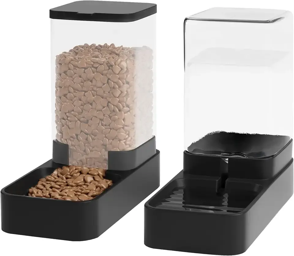 Automatic Cat Feeder and Water Dispenser in Set with Pet Food Bowl,Gravity Dog Waterer and Food Feeder for Small Medium Dog Cat Puppy Kitten Large Capacity(3.3L,Black)
