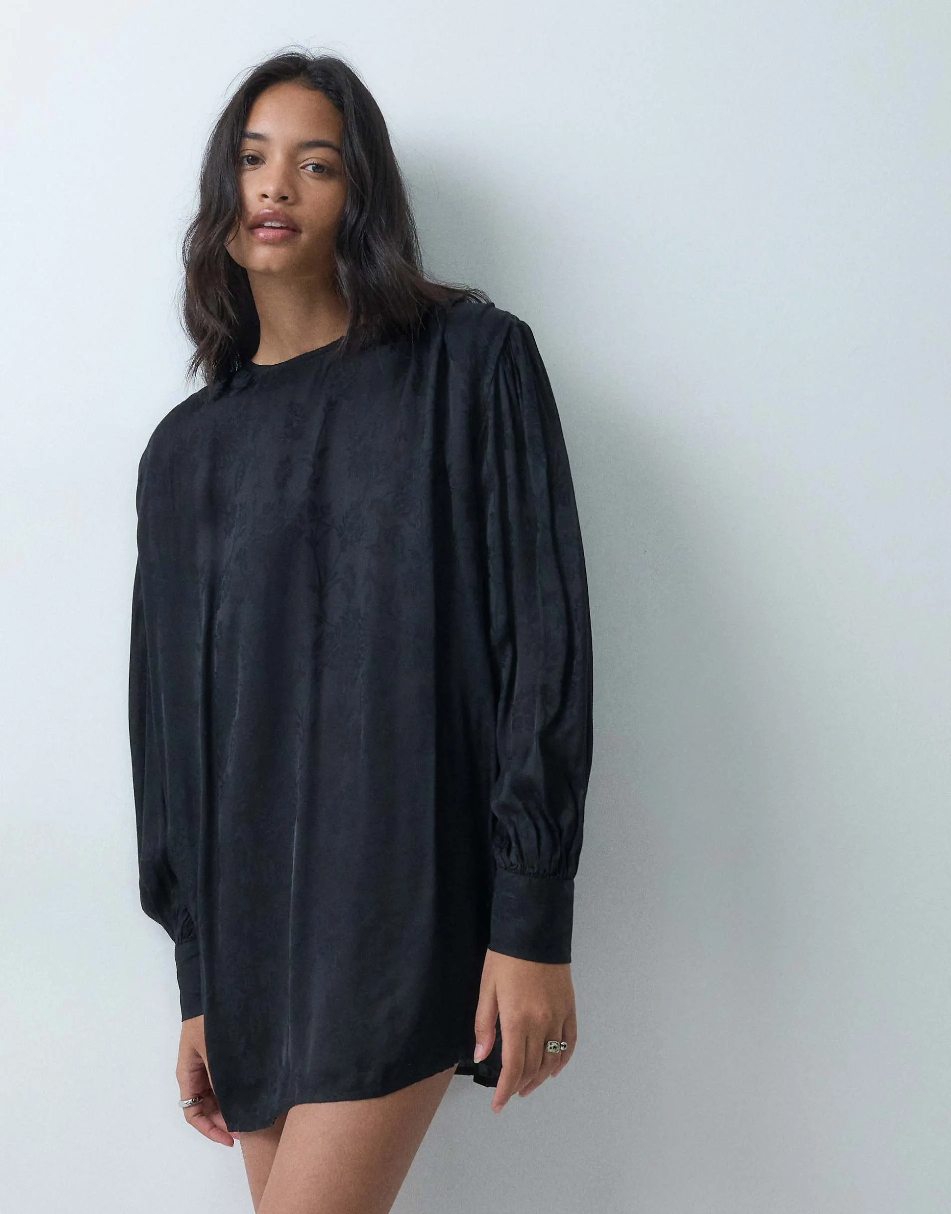 ASOS DESIGN crew neck jacquard mini dress with blouson sleeve in black