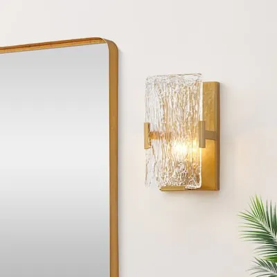 Odessa 4.75-in W 1 -Light Brushed Gold Transitional Hardwired/Plug-in Damp rated Wall Sconce