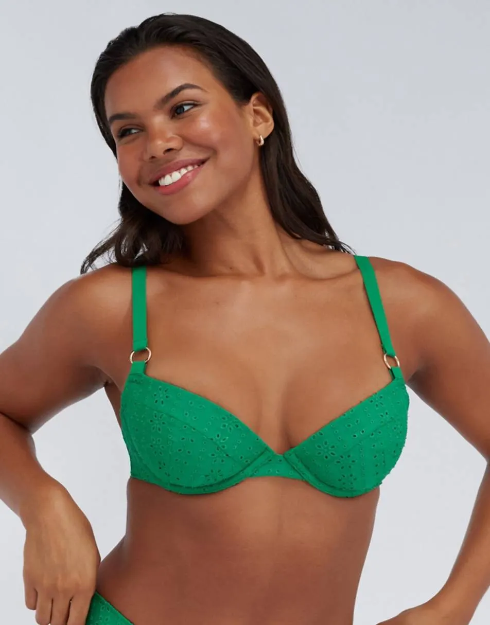 Boux Avenue Jamaica broderie plunge bikini top summer padded swimwear in green