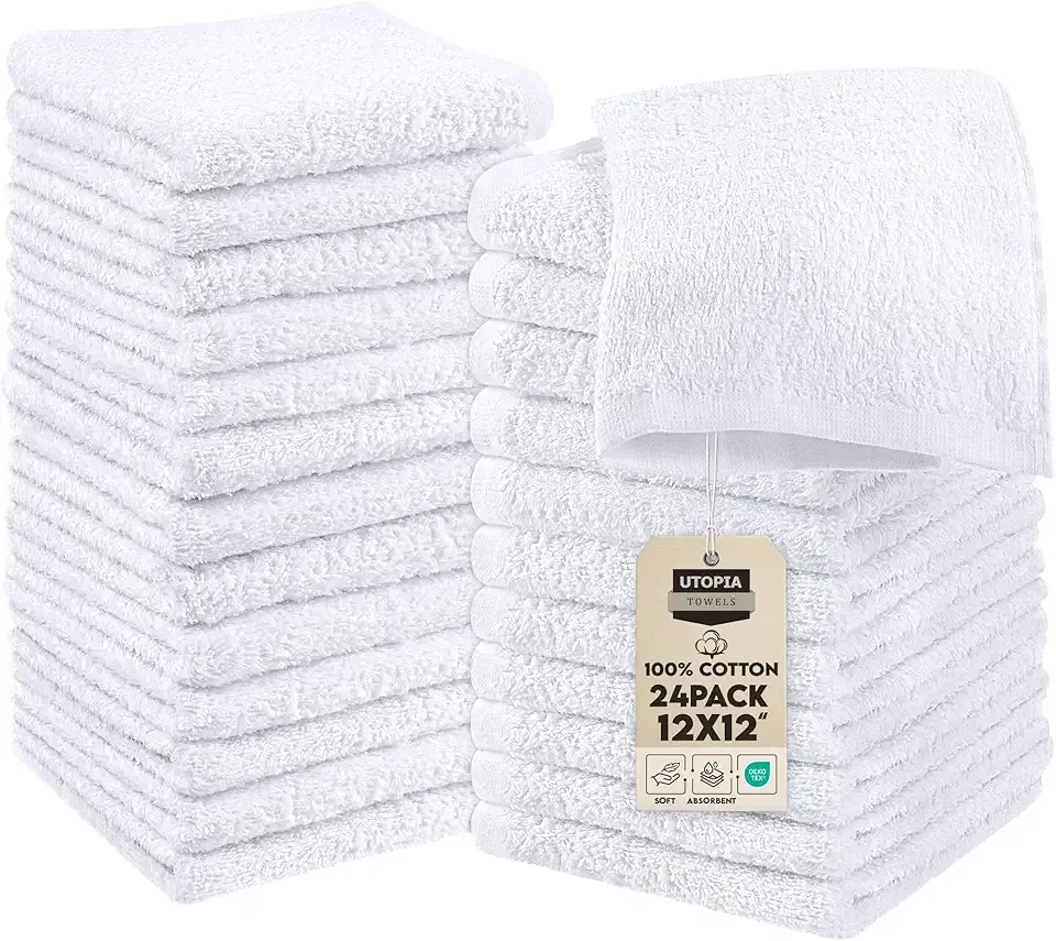 Utopia Towels 24 Pack Cotton Washcloths Set, 100% Ring Spun Cotton, Premium Quality Flannel Face Cloths, Highly Absorbent and Soft Feel Fingertip Towels, White