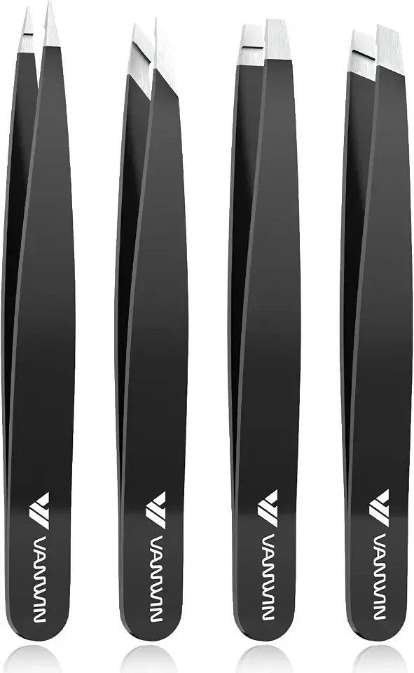 Tweezers Set, 4 Pack Professional Stainless Steel Precision Tweezers with Slant, Pointed, Flat & Angled Tips for Eyebrow, Facial Hair, Ingrown Hair, Splinter & Blackhead Removal for Women & Men