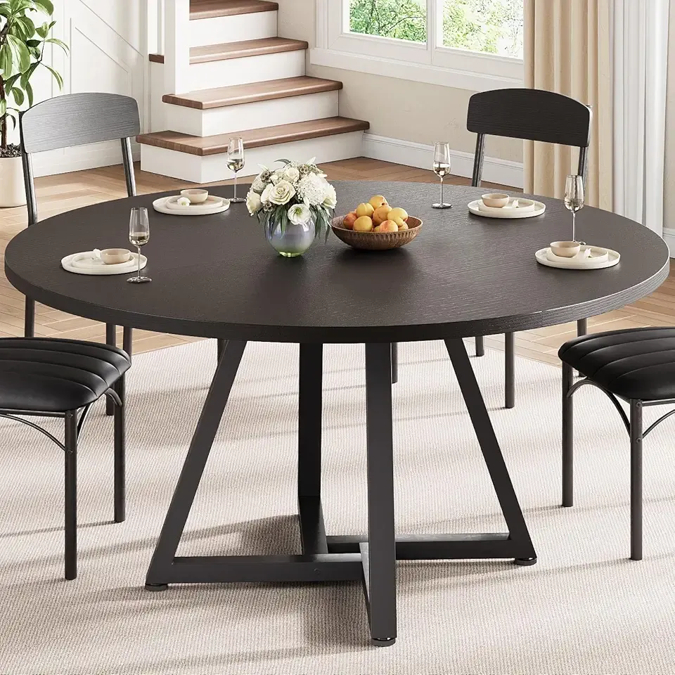 Jocoevol Round Kitchen Dining Room Table Circle Dining Dinner Table with Pedestal Metal Frame, Space Saving Wood Industrial Furniture for Small Space (Black, 47IN)
