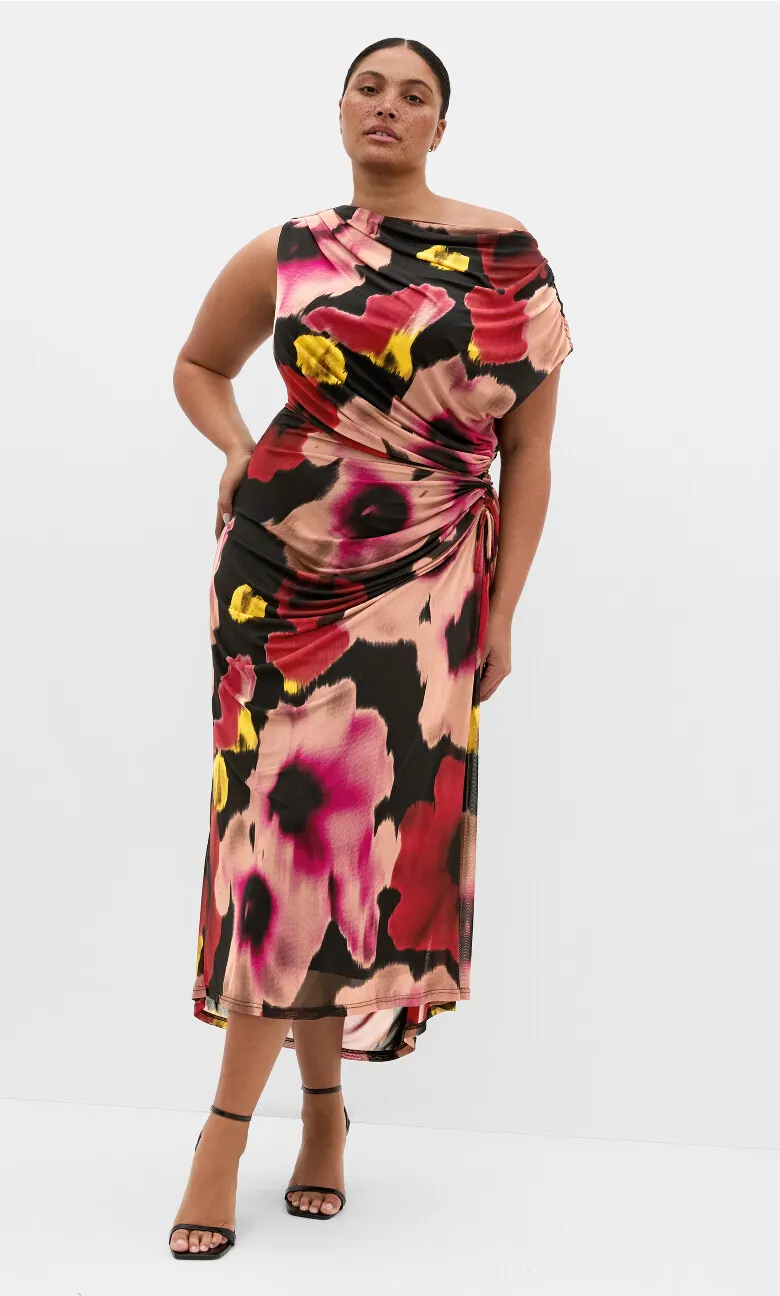 Vivid Mesh Haze Print Maxi Dress - berry