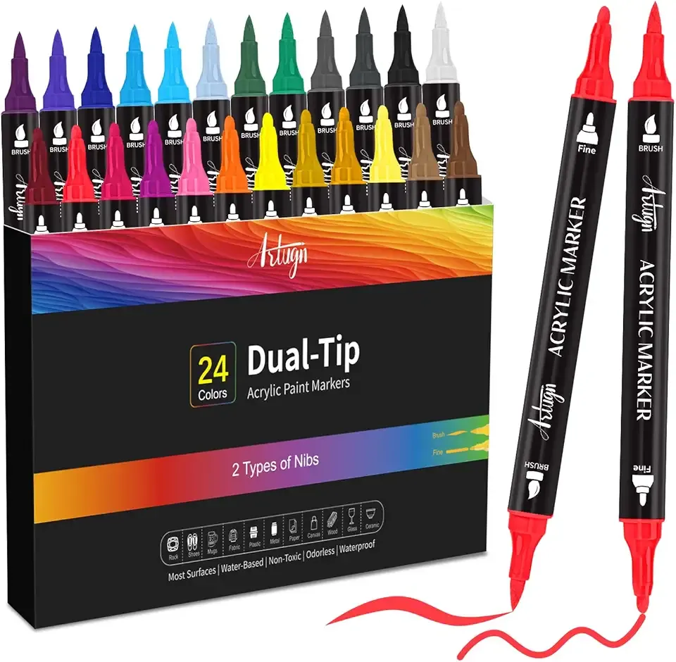 24 Colors Acrylic Paint Pens, Dual Tip Pens With Fine Tip and Brush Tip for Rock Painting, Ceramic, Wood, Plastic, Calligraphy, Scrapbooking, Card Making, DIY Crafts-Valentines Day Gifts