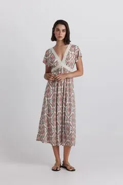 Vestido midi cuello pico cenefa