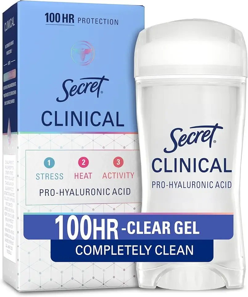 Secret Clinical Strength 100HR Sweat & Odor, Clear Gel Antiperspirant Deodorant for Women, 3X Stress Protection with Hyaluronic Acid, PH Balancing Minerals, Completely Clean Scent, 2.6 oz
