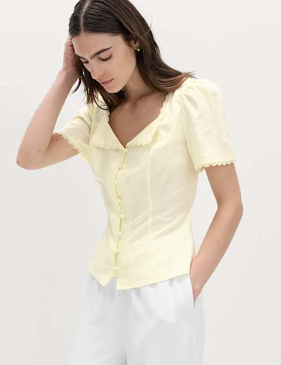 Cotton Blend Lace Detail Waisted Top