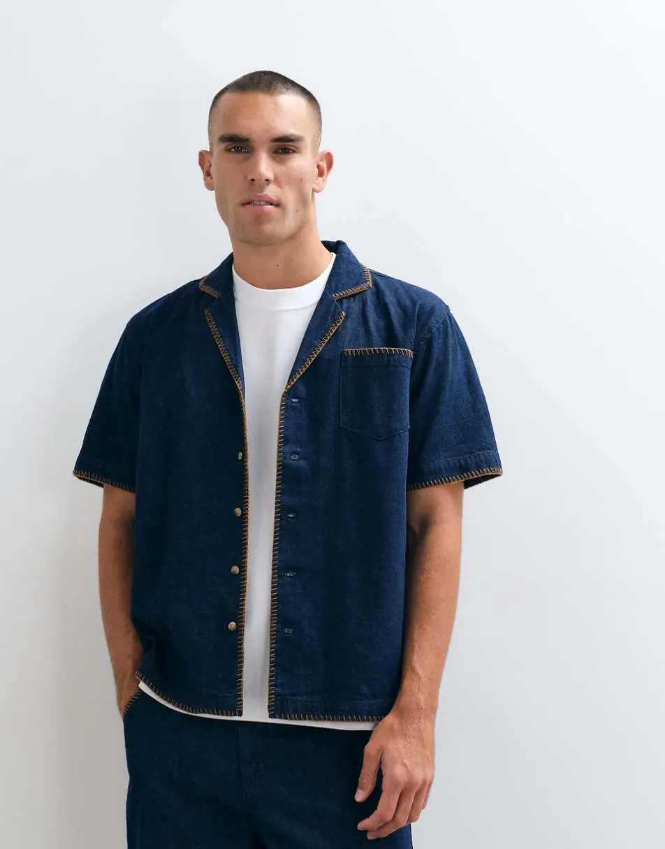 BLKVIS script denim patterned short sleeve shirt co-ord in blue
