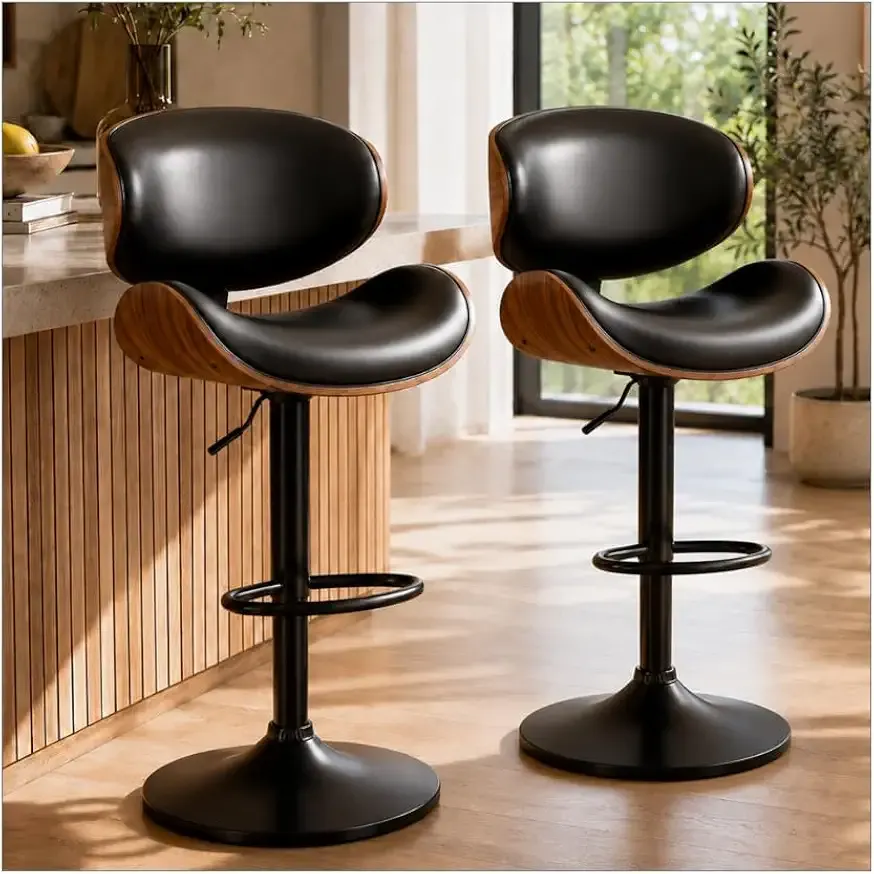 YaFiti Swivel Bar Stools Set of 2 for Kitchen Counter, Adjustable Bentwood Barstools, Modern PU Leather Upholstered Bar Chair with Back and Footrest, for Bar, Kitchen, Dining Room, Black