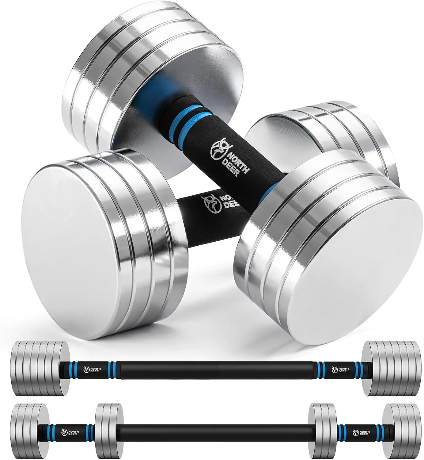 Northdeer V2.0 Upgraded Adjustable Steel Dumbbells 40LB / 60LB | 2 in 1 Dumbbell Barbell Set for Home Gym Workout - Compatible with V1.0 Dumbbells