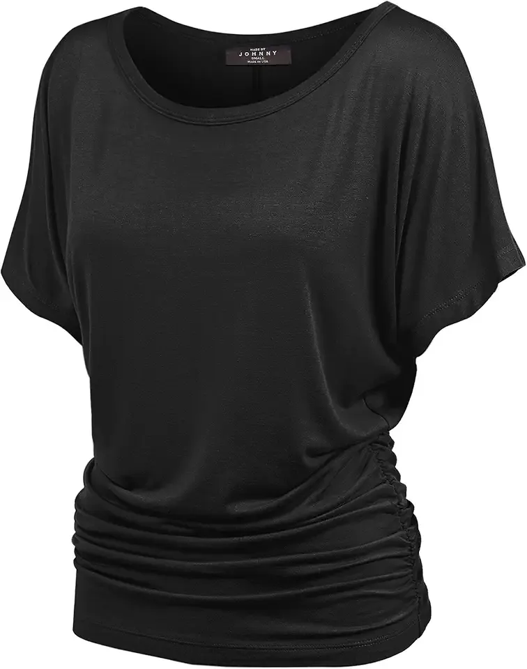 Women's Casual Solid Short Sleeve Boat Neck/V Neck Dolman Top T Shirt with Side Shirring