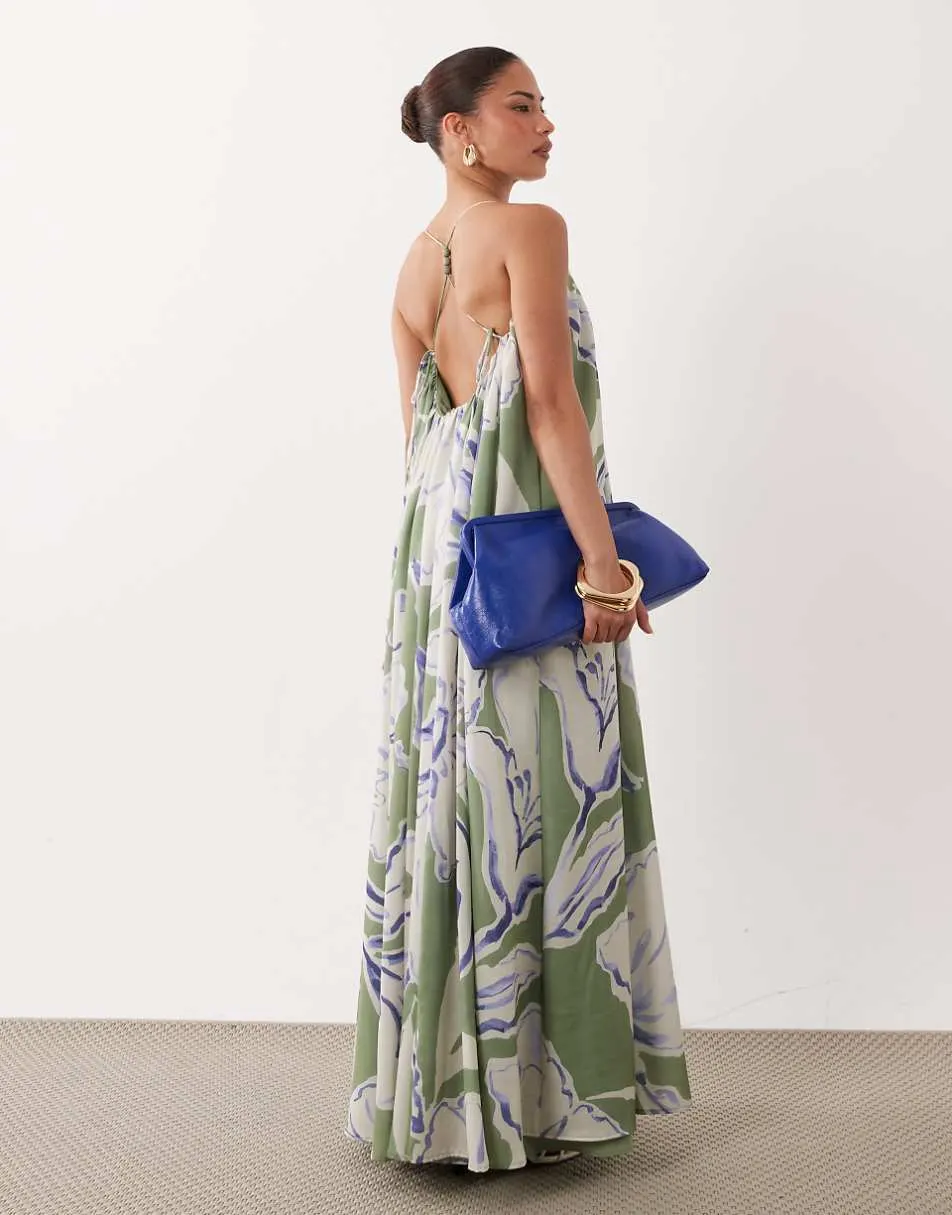 ASOS DESIGN Petite trapeze scoop neck full hem maxi dress with bead detail in overblown floral