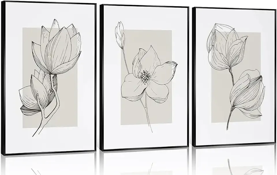 3Pcs Neutral Botanical Canvas Wall Art Beige Simple floral Painting Pictures Wall Decor Vintage Line flower Poster Print Artwork for Living Room Bedroom Bathroom Scene Home Decoration Unframed