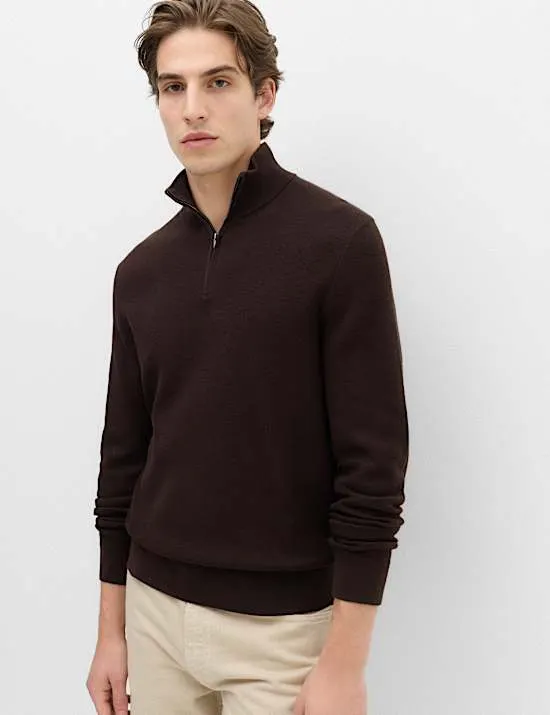 Strukturierte Strickjacke aus reiner Baumwolle mit halbem Reißverschluss