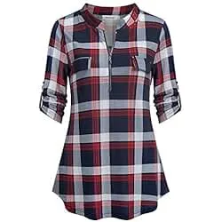 Ninedaily Women's 3/4 Sleeve Plaid Shirts Zip Floral Casual Tunic Blouse Tops