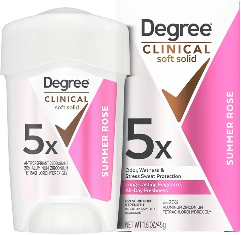 Degree Clinical Strength Antiperspirant Deodorant 96-Hour Sweat and Odor Protection Summer Rose Soft Solid 5x Types of Sweat 1.6 oz