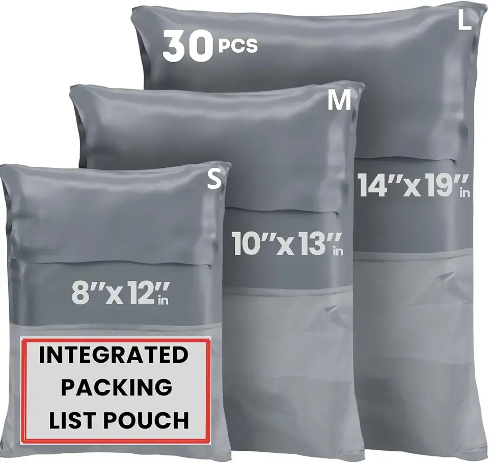 Poly Mailers Shipping Bags (30 Pack) — Self-Seal Plastic Mailing Envelopes, 3 Sizes incl. 8x12, poly mailers 10x13 & 14x19 — Tear & Water-Resistant Plastic Shipping Bags for Clothing Not Padded, Grey