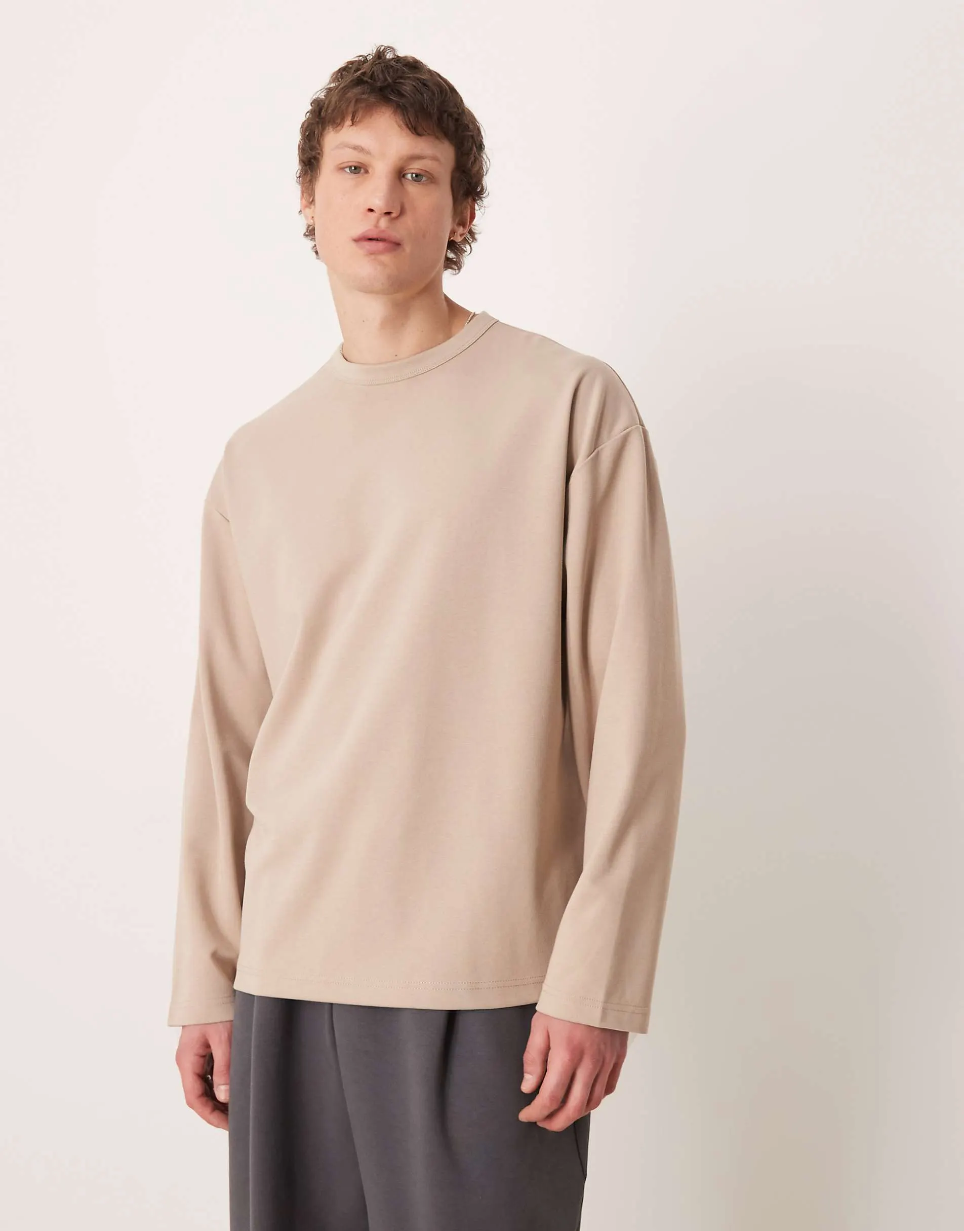 ASOS DESIGN breatheMAX™ heavyweight oversized long sleeve t-shirt in stone cotton blend