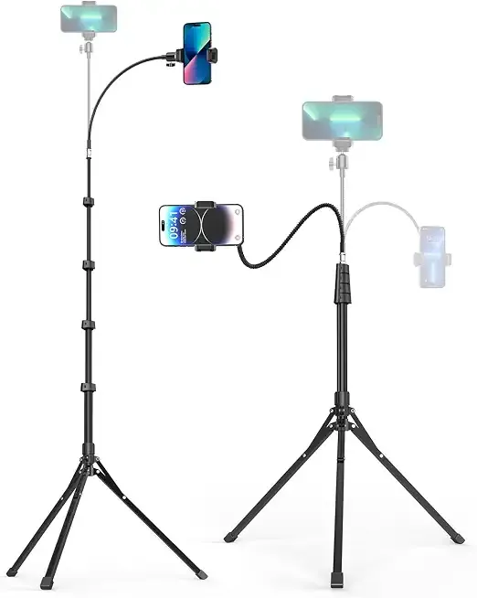 Phone Tripod, 92" Cell Phone Stand with 15" Gooseneck, Remote and Phone Holder, Overhead & Selfie Stick for Recording/Watching/Vlog, Compatible with iPhone Android