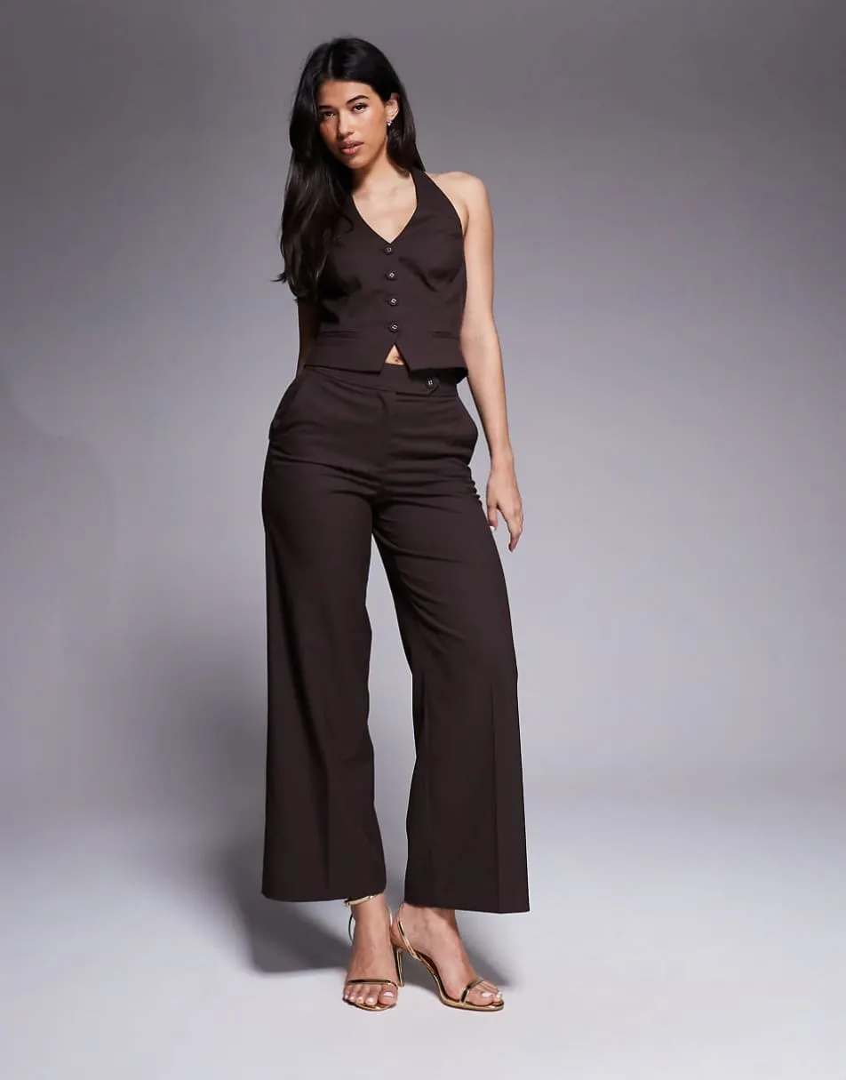 Forever New Tyla tailored tab front cropped wide leg trouser co-ord in chocolate brown