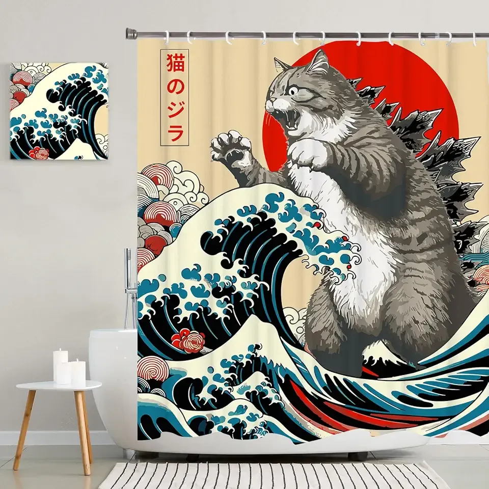 Funny Japanese Cat Shower Curtain, Vintage Cat Art Japan Anime Sunset Wave Waterproof Shower Curtain with Hooks, Animal Fabric Shower Curtains Bathroom Decor 72X72inches