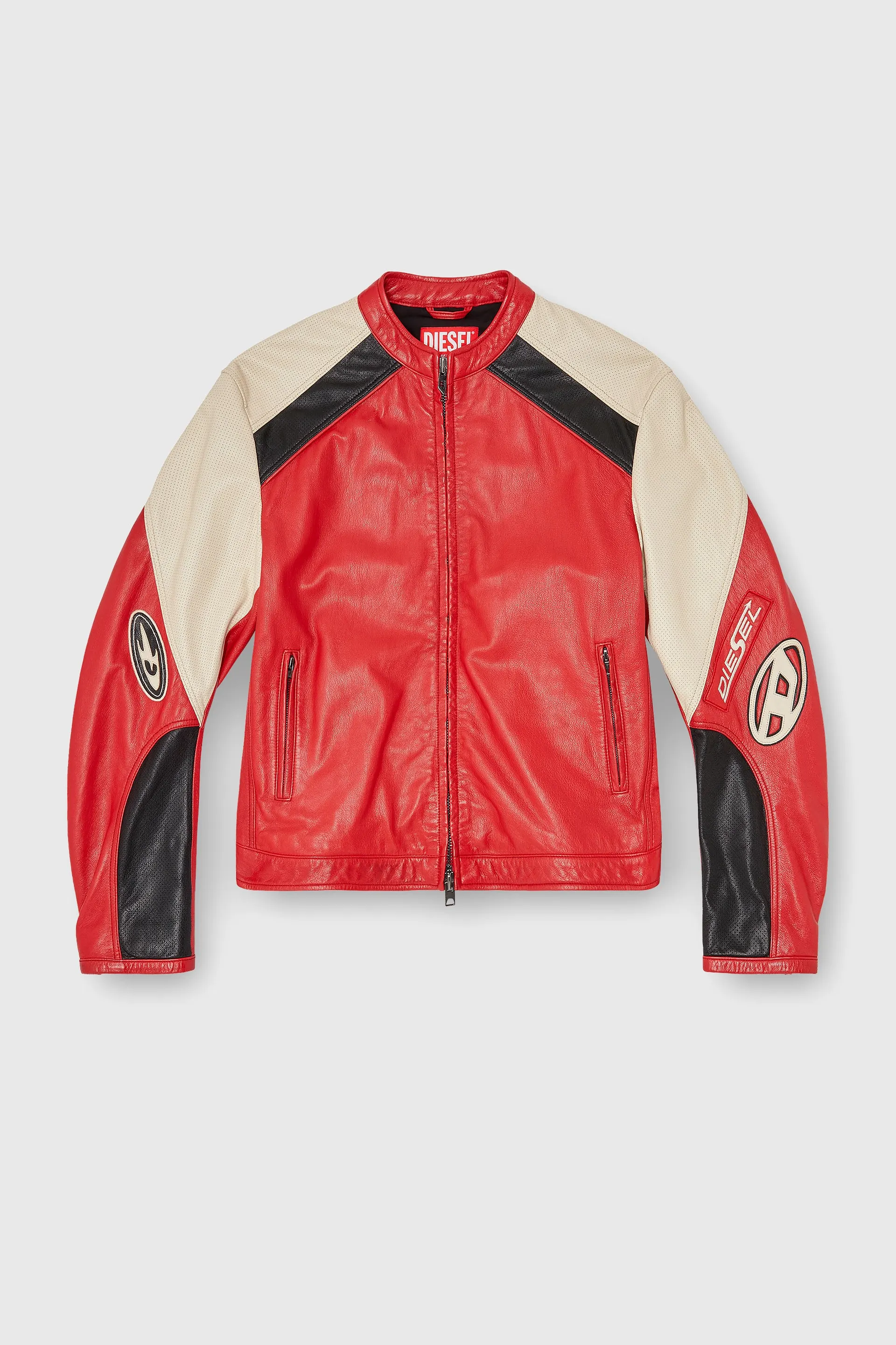 Biker jacket in colour-block perforated leather
