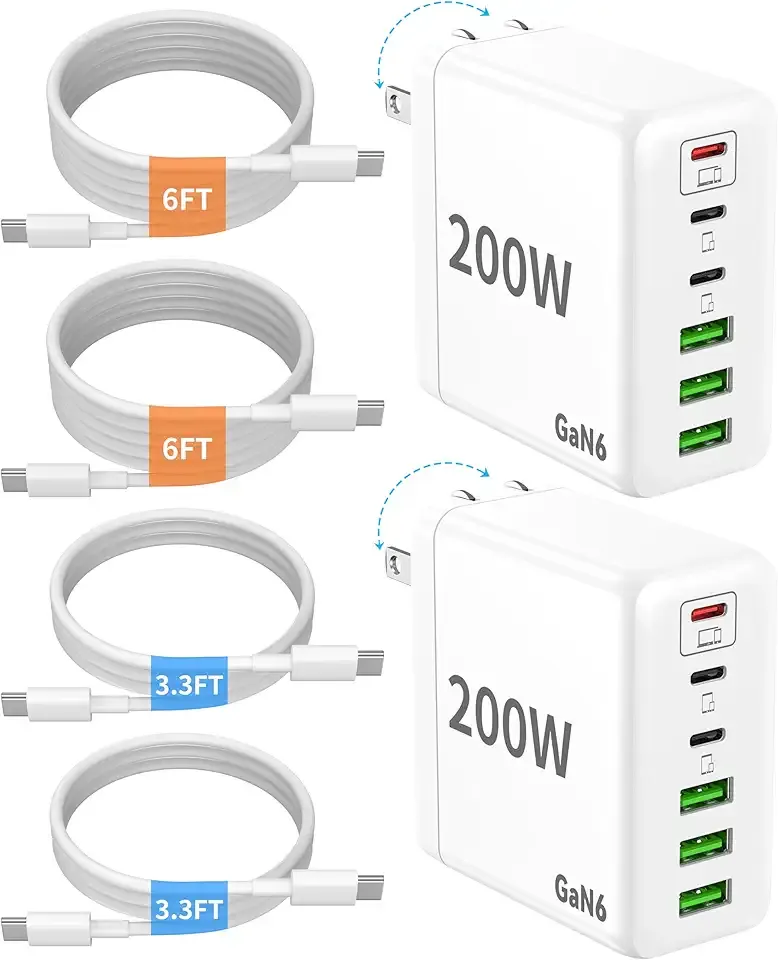 2 Pack USB C Charger Block, 200W GaN Super Fast Charger Type C iPhone 17 16 Fast Charging 6 Port Foldable PD Charging Station for All iPhone/Android Phone Samsung Galaxy S25/S24/MacBook iPad