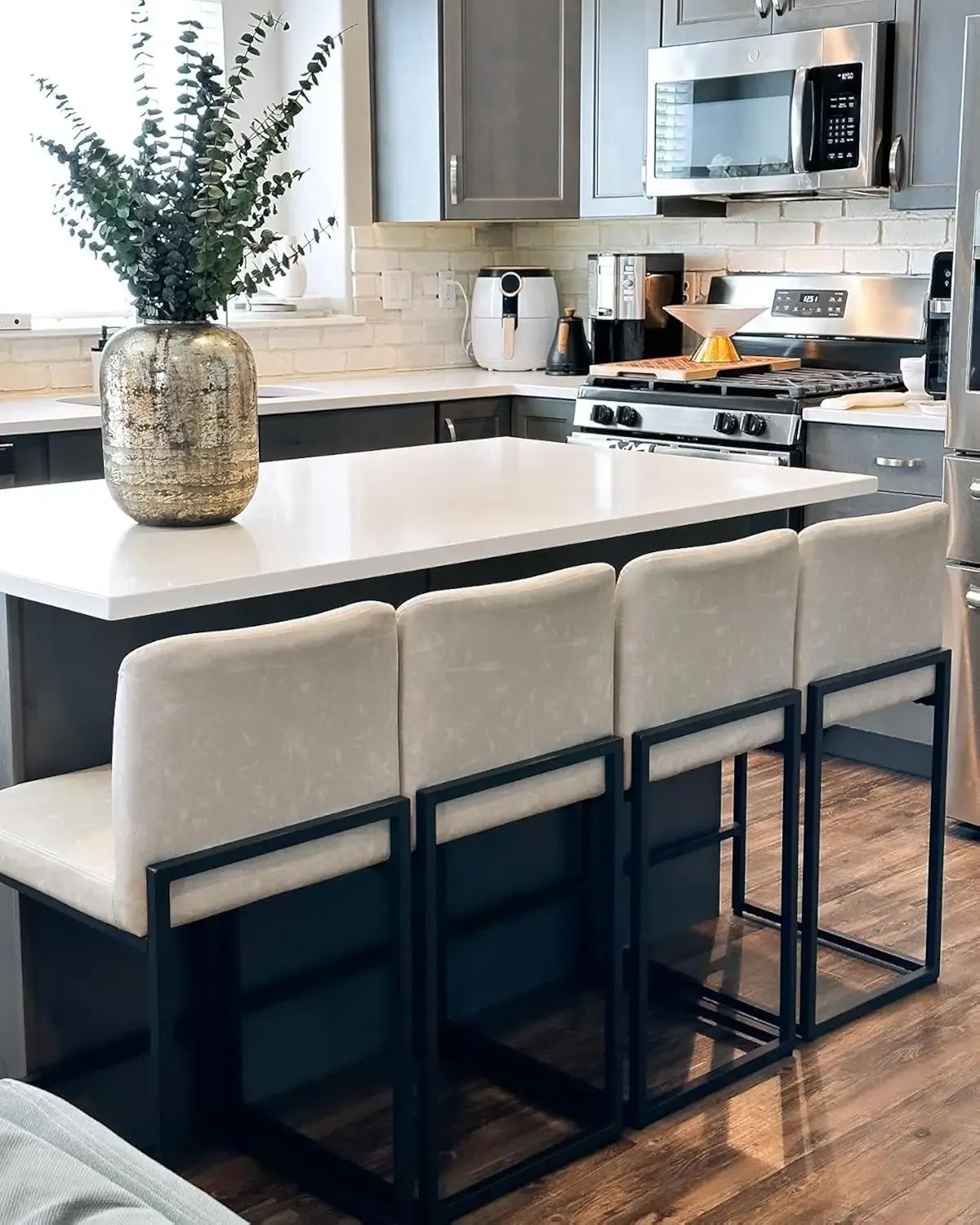 PHI VILLA Light Grey Bar Stools Set of 4, Counter Height Bar Stool Faux Leather Kitchen Bar Chairs, 24 inch Barstools with Back