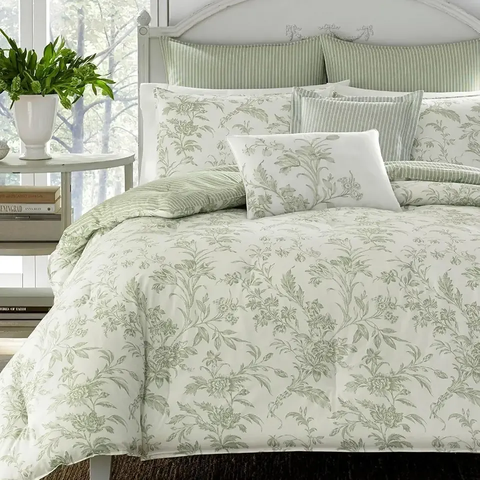 Laura Ashley - Queen Size Bonus Comforter Set, Reversible Cotton Bedding, Includes Matching Shams with Bonus Euro Shams & Throw Pillows (Natalie Green)