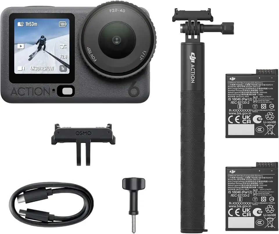 DJI Osmo Action 6 Capture More Combo, 8K Waterproof Action Camera | 1/1.1" Square Sensor, Variable Aperture of f/2.0–f/4.0, Extended Battery Life with 2 Batteries, 1.5m Extension Rod
