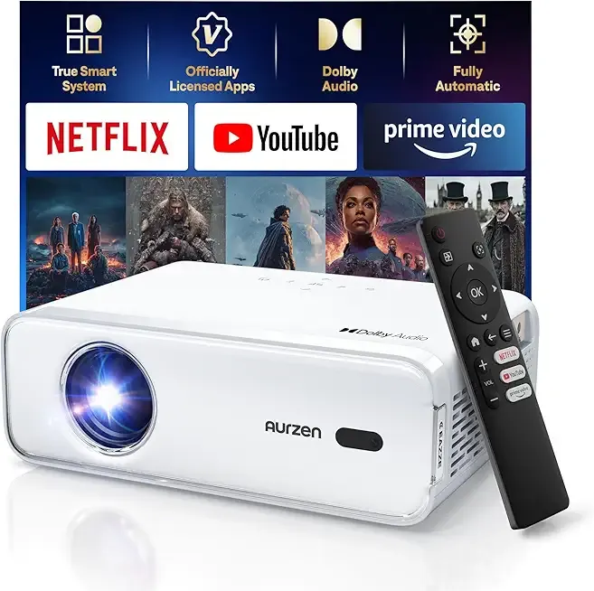 Aurzen EAZZE D1 Smart Projector with WiFi and Bluetooth, Netflix-Officially-Licensed, Auto Focus & Keystone, DoIby Audio, Zoom, Native 1080P Movie, Portable Outdoor Mini Projector, White