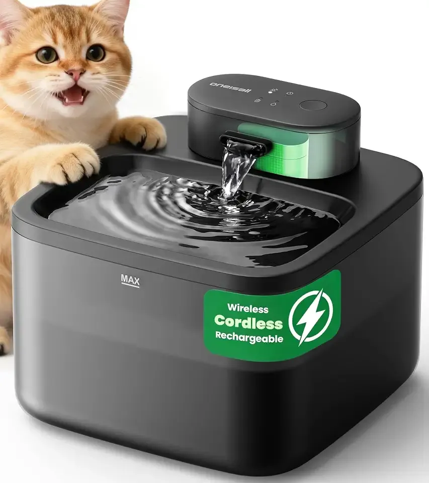 oneisall 2.2L/74oz Wireless Cat Water Fountain | True Cordless,Ultra Quiet SilentFlow™ Pump,3 Flow Modes,Easy to Clean(3-Piece Design),4000mAh Rechargeable,5-Layer Filter