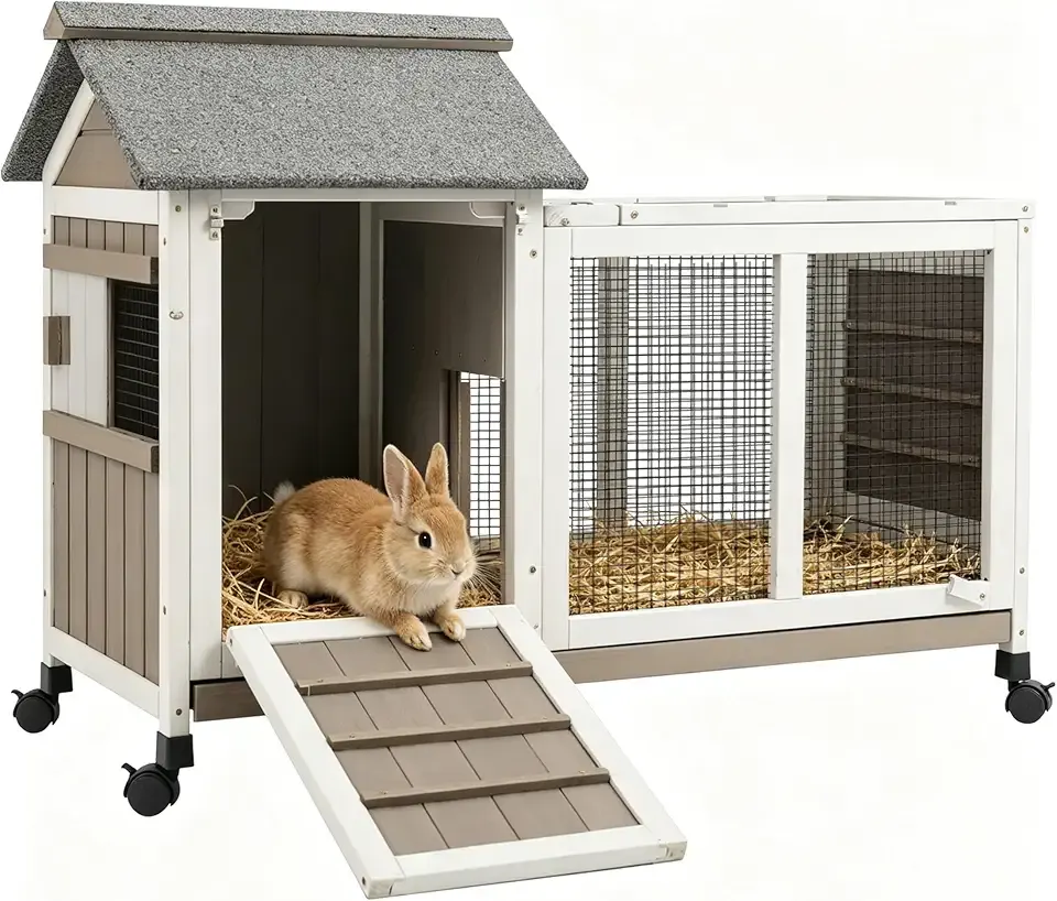 Gowoodhut Outdoor Rabbit Hutch 2-Story Indoor Bunny Cage with Run Cage for 1-2 Small Pets with Pull Out Tray,Small Animal Cage for Rabbits Guinea Pigs
