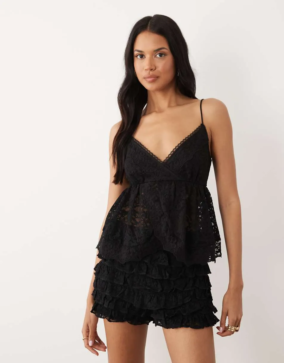 ASOS DESIGN lace strappy cami top with peplum hem in black