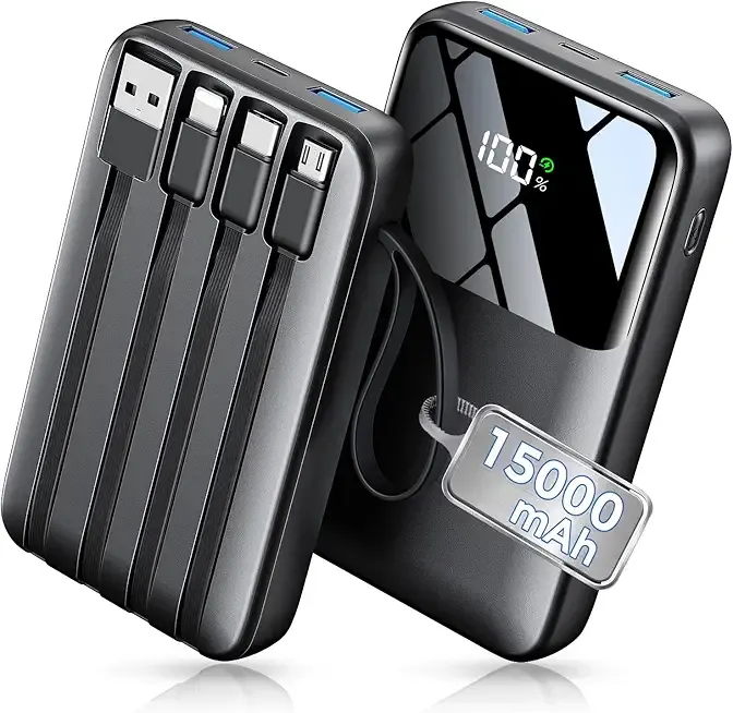 HELLEE 15000mAh Portable Charger Power Bank, 45% Smaller Built-in 4 Cables | 50% More Capacity, Slim Travel Essential Battery Pack, 30-Min 22.5W Fast Charge to 50% for iPhone/Samsung, Black