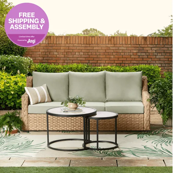 Better Homes & Gardens River Oaks Outdoor Sofa & 2 Nesting Tables with Patio Cover, Green