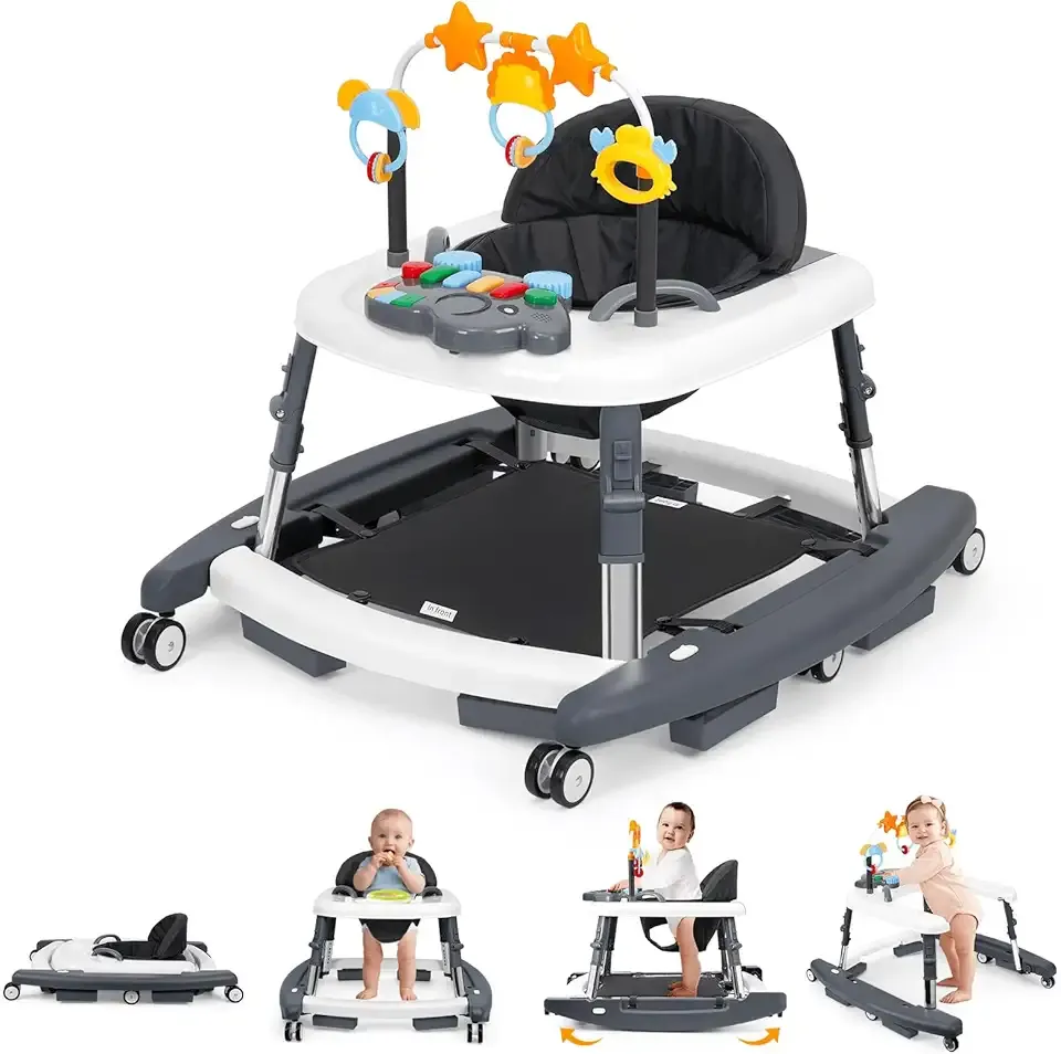 5 in 1 Baby Walker Foldable Music and Lights with 5 Adjustable Heights, Baby Walker with Wheels Portable, Infant Toddler Walker for Baby Boy Girls 6-18 Months (D-Grey)