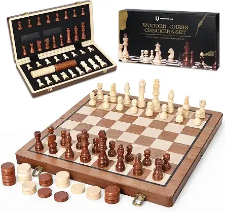 Hvygss 15 Inch Magnetic Chess Board, Foldable Wooden Chess Set with Checkers, Handcrafted Pieces with 2 Extra Queens, Portable Travel Board Game for Kids 6+ (Walnut Style, 15 Inch)